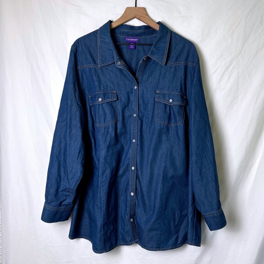 Catherines Womens Western Roll Tab Denim Snap Button Down Shirt Size 2X Blue